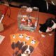 Donation box and dog-themed promotional items.