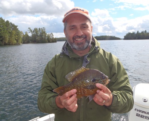 Man holding two fish by a lake on a sunny day.