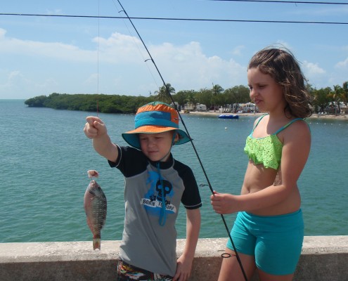 Two children holding a fish on a dock by the water.