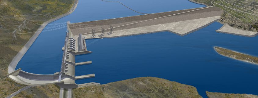 Aerial view of a long suspension bridge over water and land.