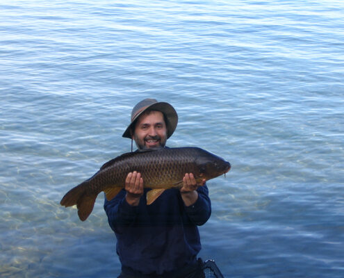 Person holding a large fish while standing in water.