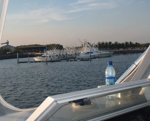 View of a marina with boats docked at sunset.