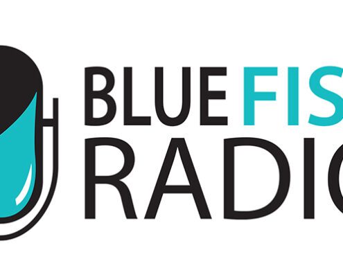 Bluefire Radio logo with microphone and vibrant text.