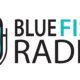 Bluefire Radio logo with microphone and vibrant text.