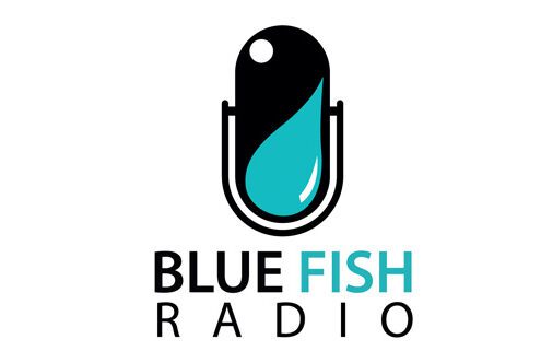 Logo of Blue Fish Radio with a stylized fish and microphone.