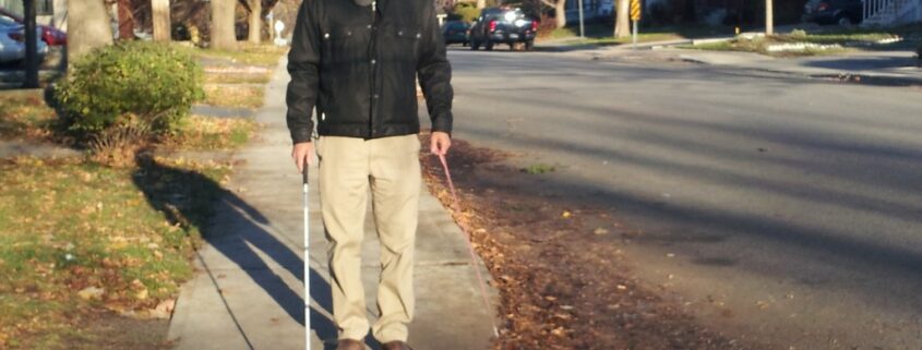 Person walking on a suburban street on a sunny autumn day.