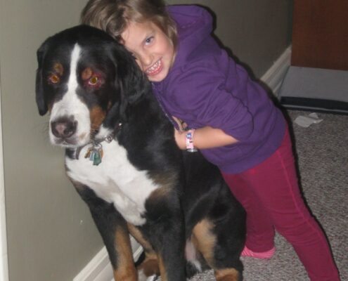 A girl hugging a large dog indoors.