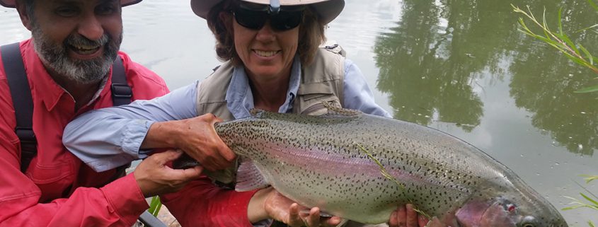 Two people holding a large fish outdoors.